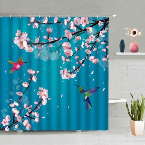 Chinese Style Hand-painted Flower And Bird Shower Curtain Background Wall Bathroom Decoration Screen Washable With Hooks Set