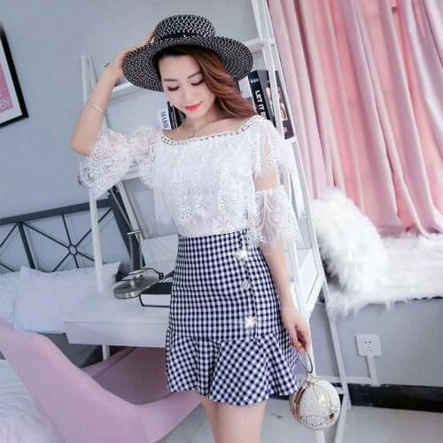 Summer Women Floral Lace Short Sleeve Tassel Mesh Blouse Tops+Plaid Trumpet High Waist Mini Skirt Fashion Two Piece Sets New