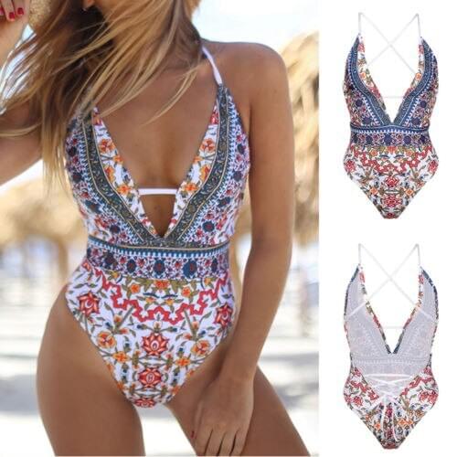 2021 Women One PC New Swimsuit Floral Print Swimwear Push Up Padded Bikini Bandage Backless Beachwear High Waist Bathing suit