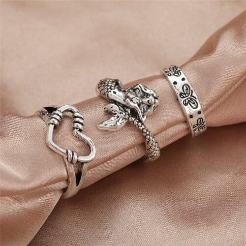 Vintage Hip Pop Butterfly Heart Ring Set for Women Silver Plated Retro Mermaid Charm Opening Adjustable Rings Finger Jewelry