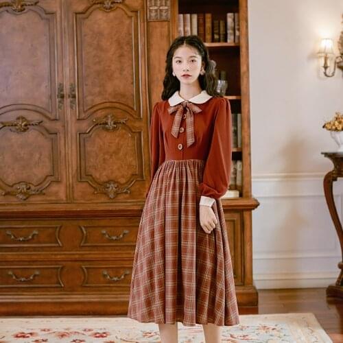 Retro Preppy Style Dress Women 2021 Spring New Doll Collar Sweet Bow Long-Sleeved British Style Plaid Vintage Vestido Female