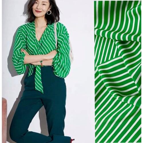 1 Meter Green Diagonal Stripes Printed Silk Crepe De Chine Fabric, worm Garment Shirt Fabric