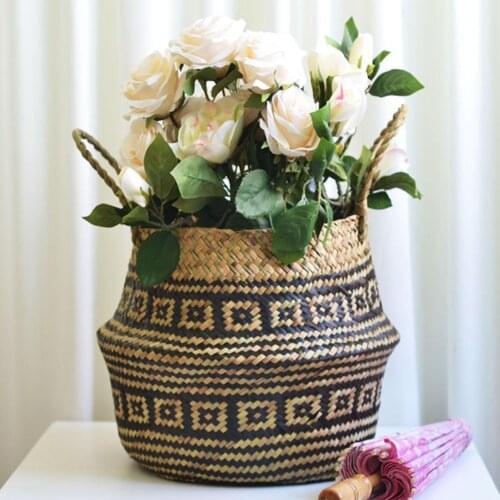 Handmade Bamboo Storage Baskets Nordic Foldable Laundry Straw Wicker Rattan Seagrass Belly Garden Flower Pot Planter Basket