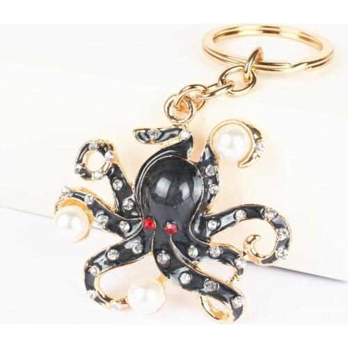 Black Octopus Pearl Cute Crystal Charm Purse Handbag Car Key Keyring Keychain Party Wedding Birthday Gift