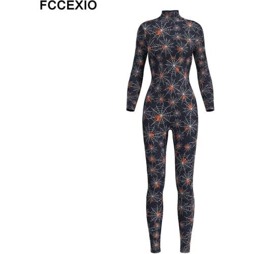 FCCEXIO Halloween Party Cosplay Costumes Women Spider Web Print Catsuits Adult Fashion Gothic Bodysuits One-piece Clothing