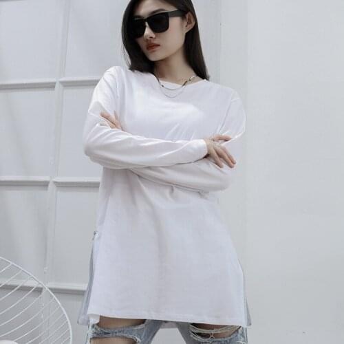 Ladies spring and Autumn new round collar long sleeve mid length side zipper yamamoto style street size T shirt