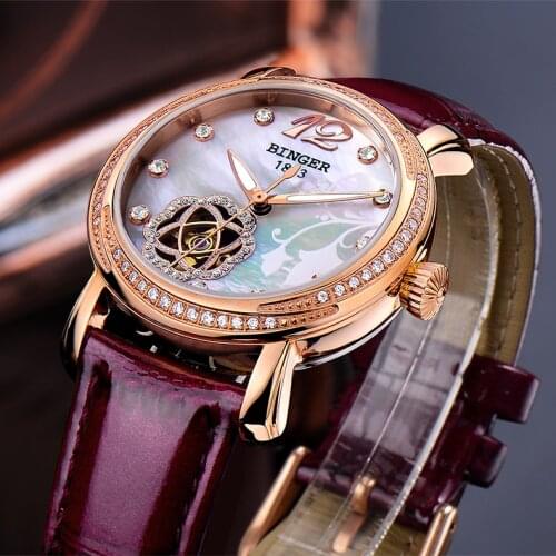 Japan MIYOTA Automatic Watches BINGER Brand Women Mechanical Watch Female Form Queen Series Rose Gold Waterproof Diamond 2017