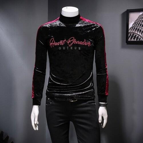 Luxury Turtleneck Embroidery Club Outfit Velvet Vintage Men Slim Fit Long Sleeve T Shirt Homme