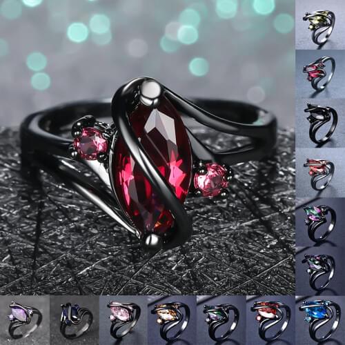Unique Style Female Male Rainbow Crystal Ring Dainty 14KT Black Gold Wedding Rings For Women Man Charm Leaf Thin Engagement Ring