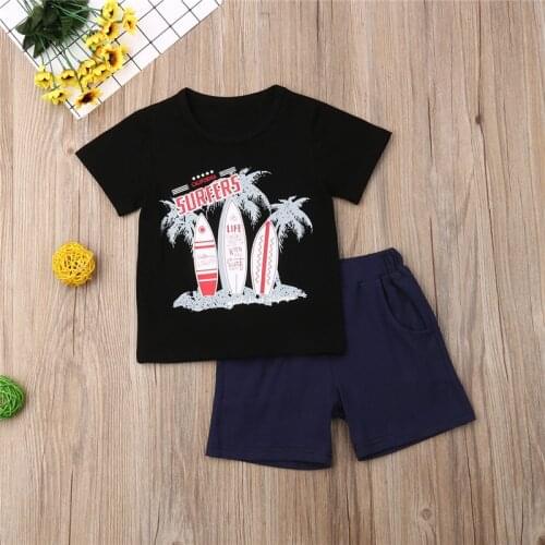 2pcs Baby Boys Clothes Set Coconut Tree Print T-Shirt For Boys Black Shorts Sleeve T Shirt Boys Shorts Children Outfits Boys Set