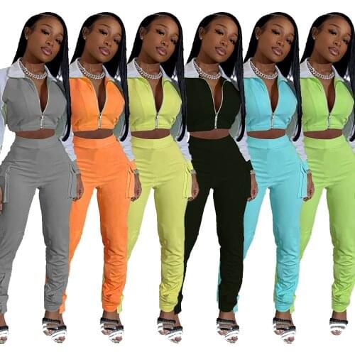 1L167 Autumn Winter Women Solid Patchwork Print Pocket Fluoresce Sports Two Piece Set Top and Pants Tracksuit Sweatsuit Outfits