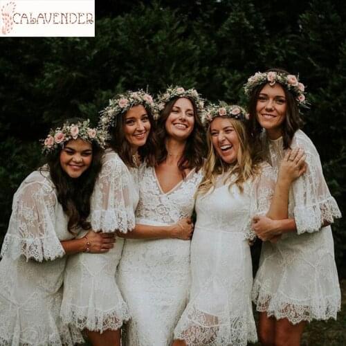 Ivory Boho Lace Bridesmaid Dresses Short with Bell Sleeves brautjungfer kleider Maid of Honor Dress