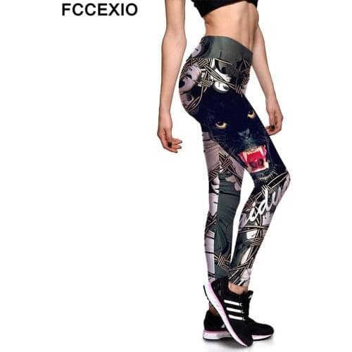 FCCEXIO Black Panther 3D Animal Print Sexy High Waist Elasticity Leggings Push Up Strength Pants Summer Fitness Women Trousers