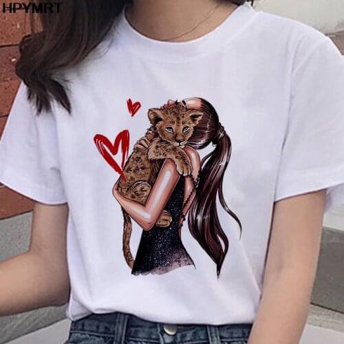 Summer Women T Shirt Girl hugging cat Print Vintage Tshirt Fashion T-shirt Harajuku Short Sleeves Female Tops Tee Shirts Clothes