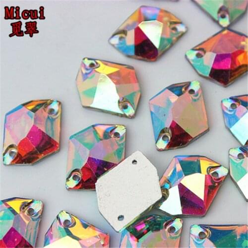 Micui 100PCS 11*14mm Polygon Cosmic AB Resin Rhinestones Crystal FlatBack Sewing Stones Resin Sew On Crystal for Garment SM668K