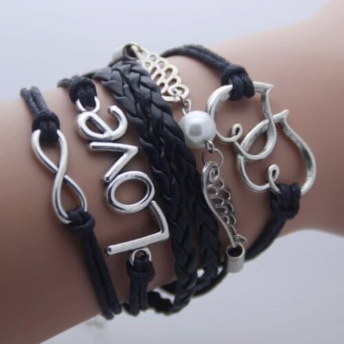 VC-LADY 2016 Fashion Heart Angel Wings Word LOVE 8 Multi-Strand Pearl Wax Rope Bracelets 16 B5 AB0132