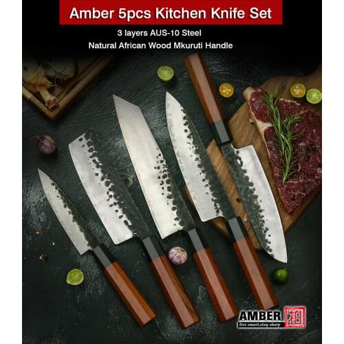 NEW 2019 Amber Handmade Chef Knife Japanese Kitchen Knives Kiritsuke PRO Slicing Cooking Tools African Wood Handle Gift Box