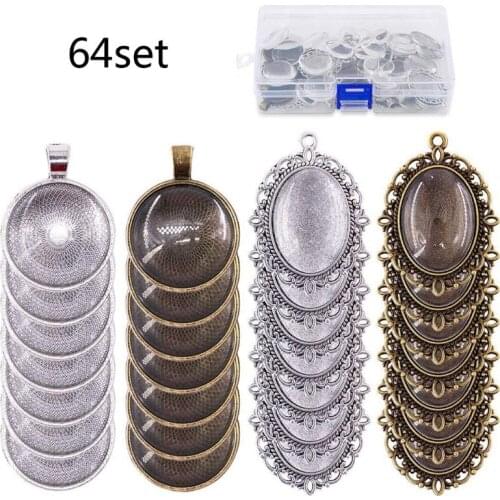 64Pc Oval Round Pendant Tray Bezel with Glass Cabochon Dome Tiles Jewelry Making