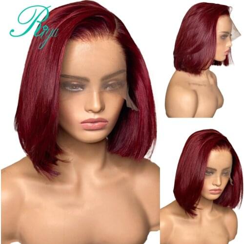99J Burgundy Red Color 4X4 Lace Closure Wig Pixie Short Straight Bob Cut Preplucked Lace Front Human Hair Wigs Bleach Remy