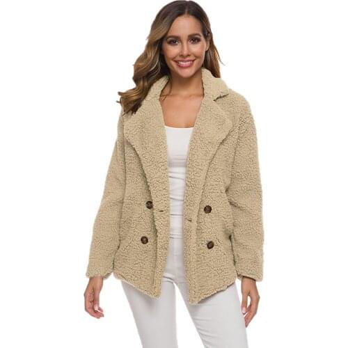 Casual Teddy Coat Women New Autumn Winter Lapel Double Breasted Plus Size Warm Faux Fur Jacket Female Loose Pocket Plush Outwear