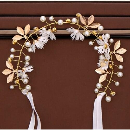 Golden Leaf Flower Headband Wedding Hair Accessories Bridal Tiara Pearl Headband Hair Ornaments Handmade Wedding Head Decoration