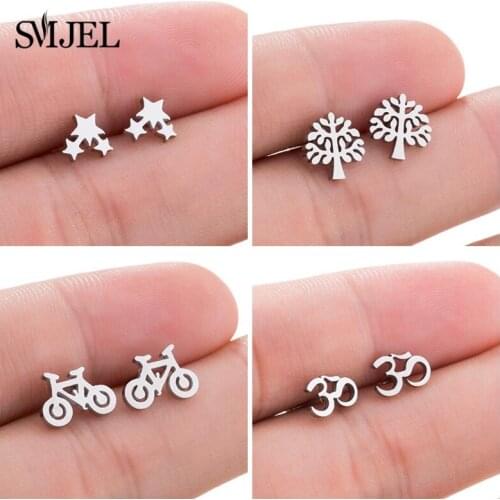 SMJEL Ladies and Girls Earring Stainless Steel Star Bike Tree Earrings For Women Punk Ear Studs For Men Friendship Gift