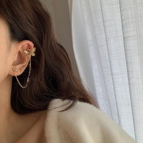 2021 new Golden chains butterfly Link Ear Bone Clip Ear Stud Earrings clip on earrings for woman aesthetic accessorie jewelry