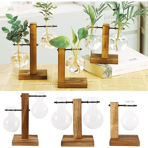 Nordic Simple Hydroponic Plant Vases Vintage Flower Pot Transparent Vase Wooden Frame Glass Tabletop Plants Home Bonsai Decor