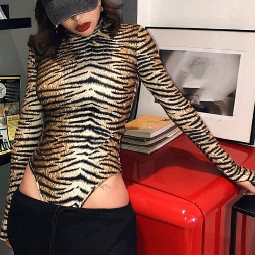 Sexy Leopard Print Turtleneck Skinny One Piece Bodysuits Women Autumn Winter Long Sleeve Bodycon Sheer Bodysuit