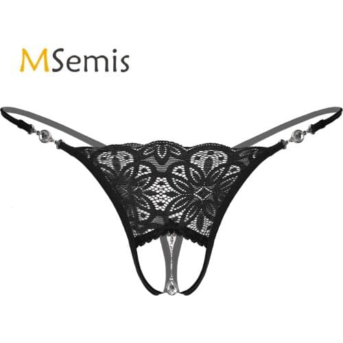 Mens Erotic Lingerie Sissy Panties Floral Lace G-string Low Rise Crotchless Thongs Briefs Rhinestone Pendant T-back Underwear