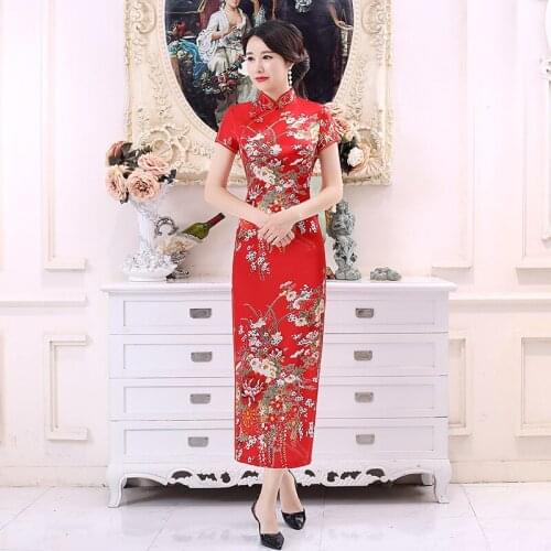 Chinese Traditional Cheongsam Dress Floral&Peacock Vintage Mandarin Collar Qipao Slim Long Cheongsam Oriental Party Costumes