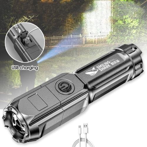 Outdoor Multi-function USB Torch Led Flash Light Rechargeable Ultra Bright Flashlight ABS Strong Light Focusing Xenon Forces