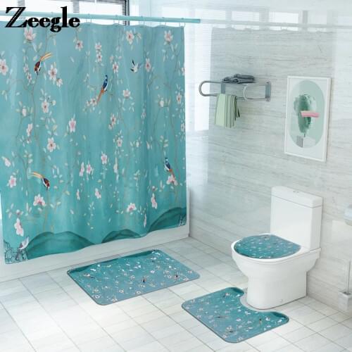 Floral and Bird Shower Curtain with Bat Mat Set Carpet Mat Bathroom Toilet Mat Bathroom Curtain Set Microfiber Foot Mat Bath Rug