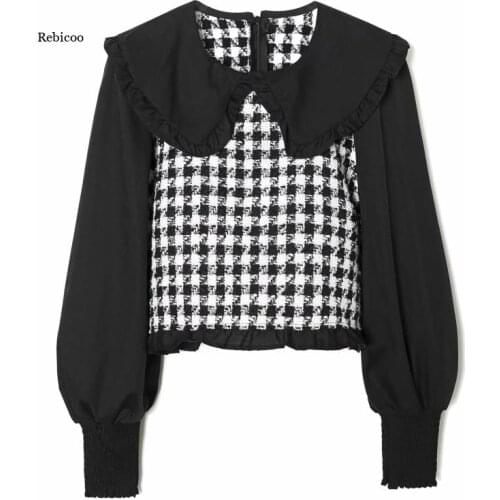 Women Contrast Color Lantern Sleeve Splicing Short Shirts Female Smock O Neck Blouses Casual Lady Loose Tops Blusas