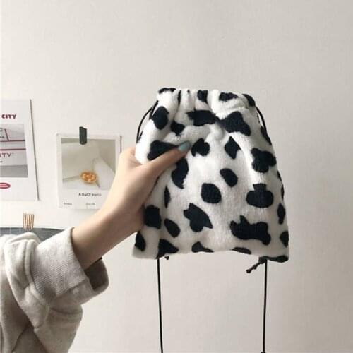 Women Plush Crossbody Bag Cow Milk Print Shoulder Drawstring Mini Handbags Cosmetic Jewelry Storage Bag for Girls