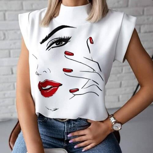 Harajuku Womens Shirts Lips Printed Sleeveless Oversized Shirts Summer Turtleneck Casual Tee Tops All-Match Plus Size Top