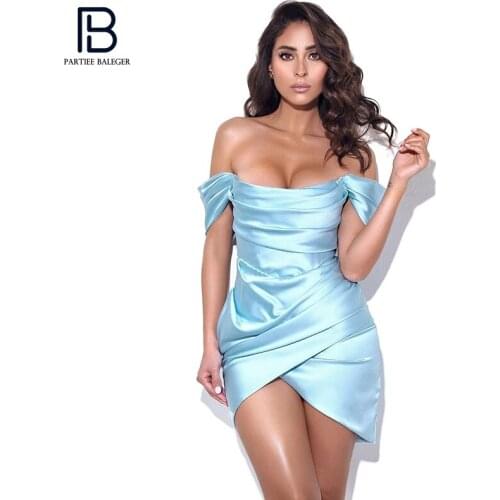 PB Stylish High Waist Draped Satin Mini Dress Sexy Off Shoulder Short Sleeves Celebrity Party Club Free Shipping