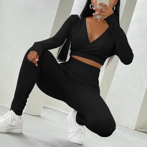 1 Set Casual Blouse Pants Set Skinny Two-Piece V Neck V Neck Top High Waist Pants Crop Top Pants Set for Fitness
