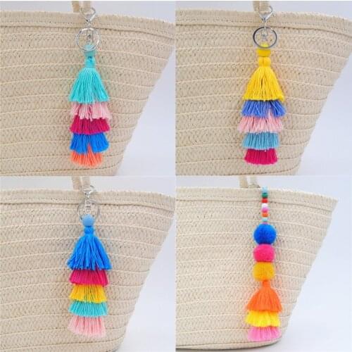 1pc 2019 New Rainbow Colorful Gradient Pompons With Tassel Keychains Bag Charms Diy Jewelry Bohemian
