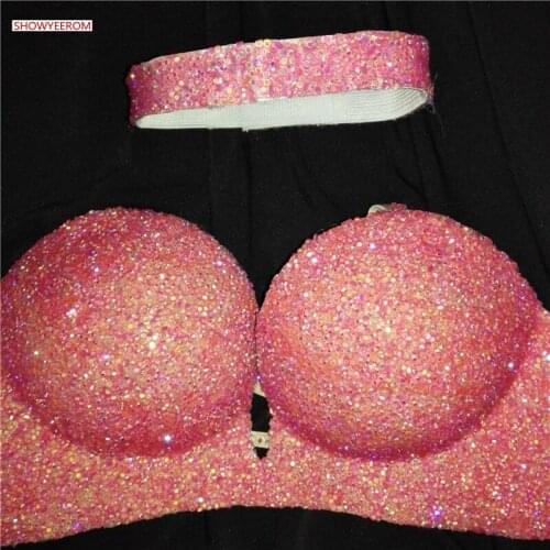 Shining Rhinestone Bikini Outfit Women Sexy Party costumes Bra Short Bikinis Stage Dance Nightclub Night club performance