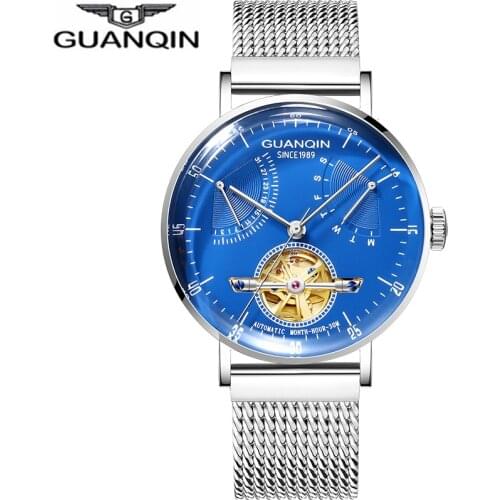 Fashion Tourbillon Watch men GUANQIN Automatic Watch men Calendar Week Sapphire 28800 per hour Milanese Strap Mechanical Watches