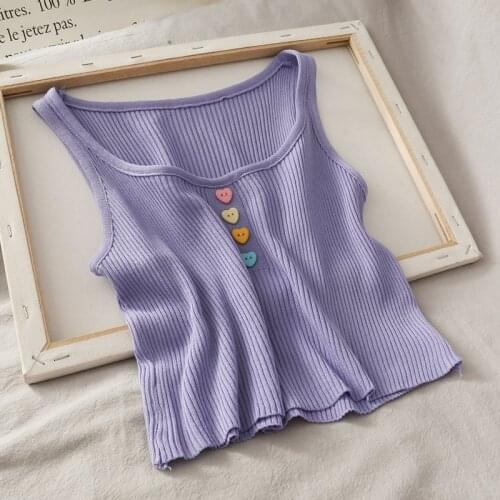 Heliar Women Summer Knitting Vest Simple Underwear Rib Crop Top Rib Plain Sexy croppedsole Cotton Sleeveless Button Tank Top