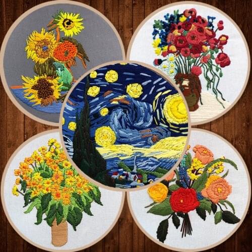 Oil Painting Style Sunflower Needlework Embroidery Kits for Beginner With Hoop DIY Cross-stitch Craft Room Decor