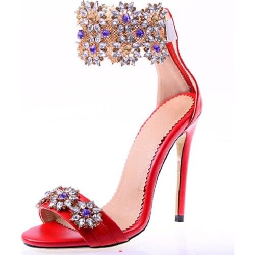 Summer New Fashion Rhinestone Crystal Flowers Roman Sandals Banquet Dress Large Size Stiletto Heels All-match Womens Shoes