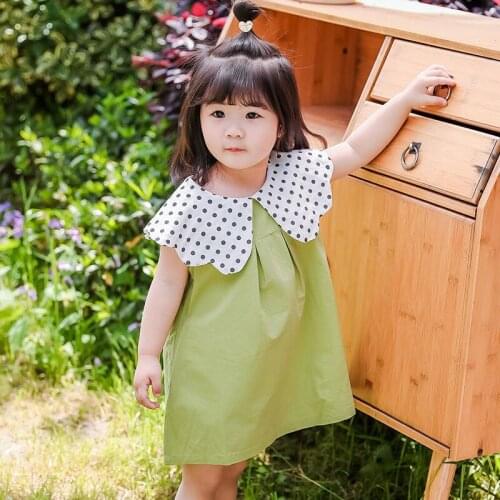 2021 Summer Dresses for Kids Sleeveless Casual Clothes Peter Pan Collar A-Line Dress Dot Printed Girls Knee-Length Dress