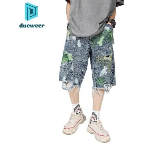DUEWEER Men Ripped Graffiti Shorts Hip Hop Streetwear Baggy Stretch Casual Denim Pants Men Hole Knee Length Straight Jeans