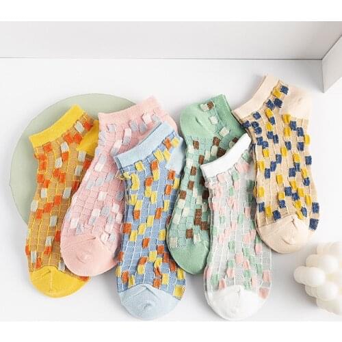 Colorful Mosaic Grids Socks for Women Girls Spring Autumn Sock Cotton Breathable Comfortable Novelty Short Socks calcetines Gift