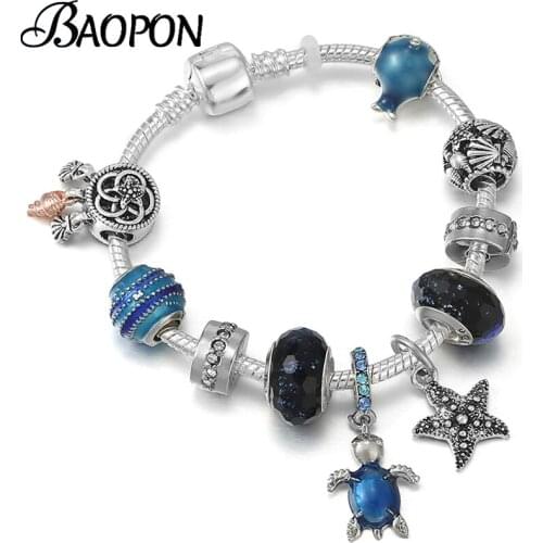 New Arrival European Style Charm Bracelet Fits DIY Silver Color Tortoise Starfish Pendant Beads Bracelet For Women Jewelry Gift