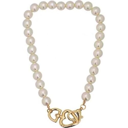 New Design Long Chain Choker Necklace Big Imitation Pearl&Heart Rhinestone Necklace for Women Shiny Silver Color Metal Necklace
