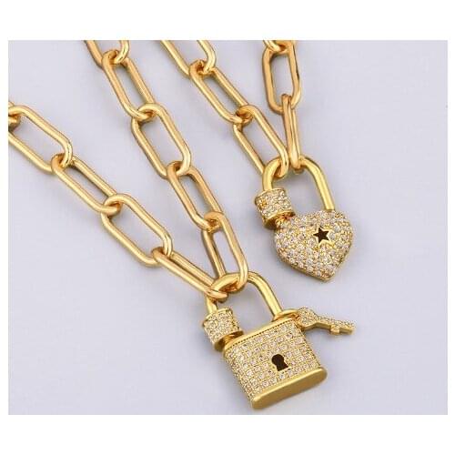 Lock micro pave cz zircon cubic zirconia necklace copper Clavicle gold plated Snake Chain Choker Pendant rth34